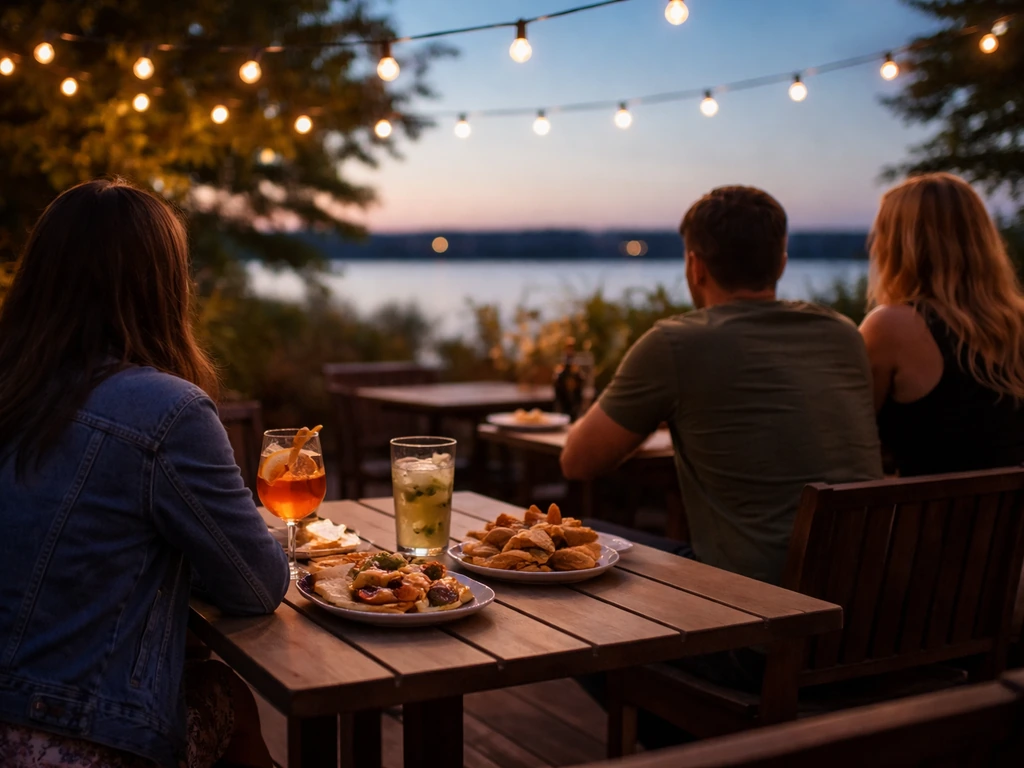 Warm evening patio scene with drinks and plates, conveying the best patio Oshawa vibe