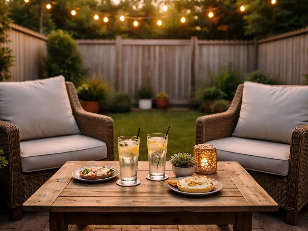 Inviting backyard-style patio with warm string lights, cozy seating, and drinks on a table