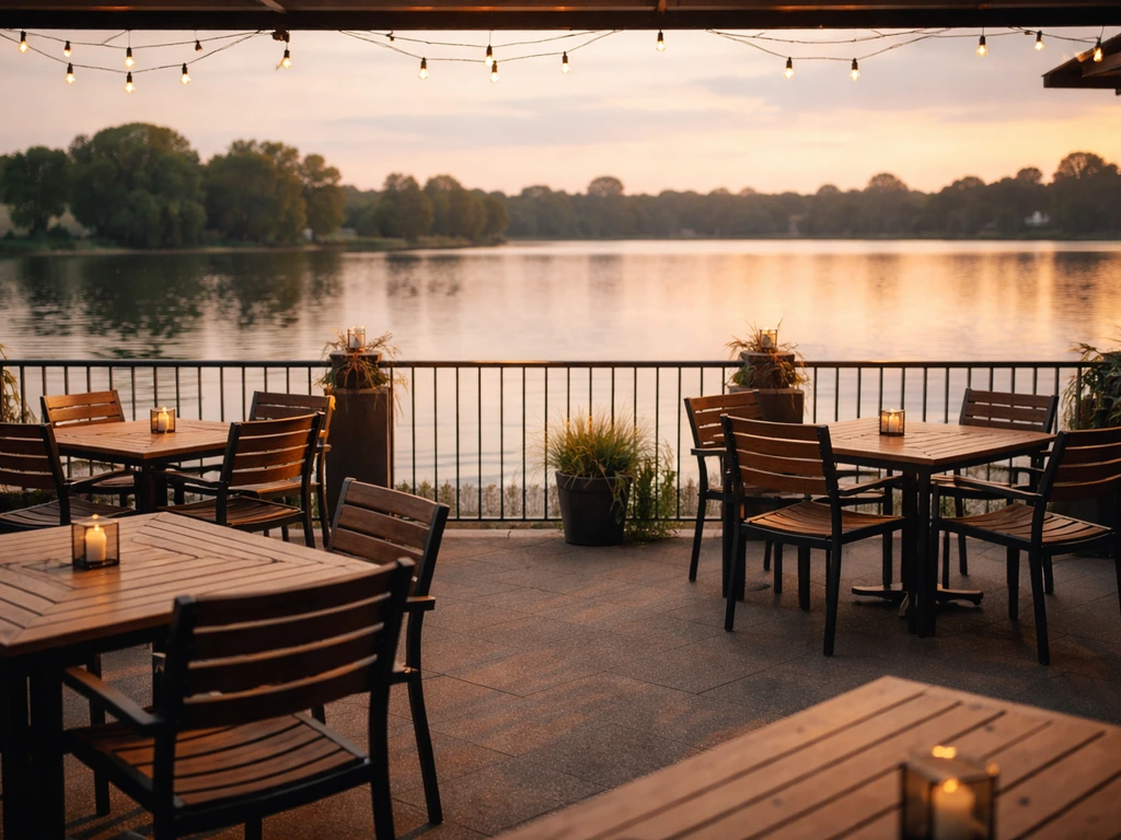 Spacious waterfront pub patio with outdoor tables and chairs overlooking calm lake water.