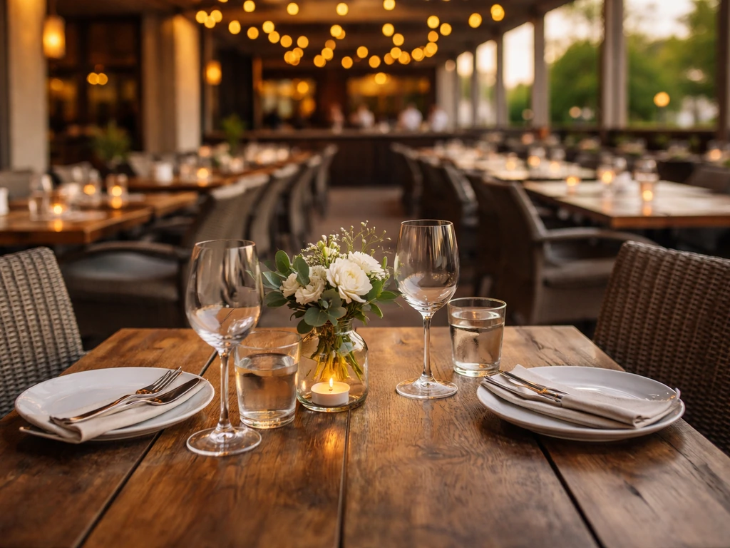 Warm-lit restaurant patio with a neatly set table and outdoor seating creating a sit-down dining feel.