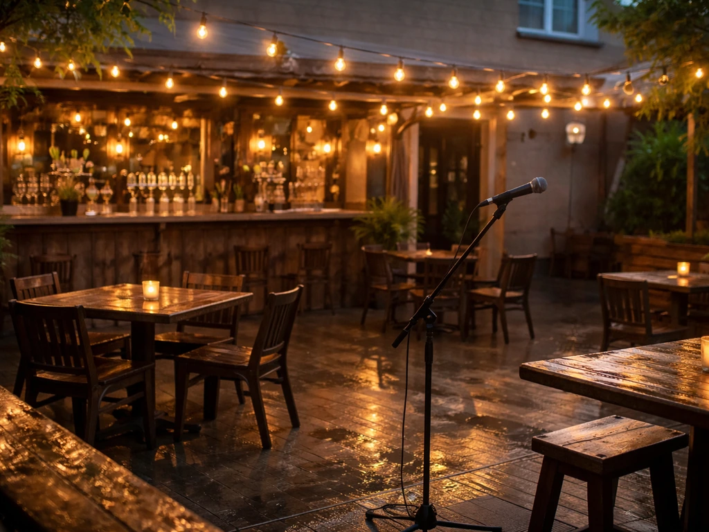 Torchbearer Taproom patio at evening with warm lights, bar area, and a small karaoke-ready stage corner.