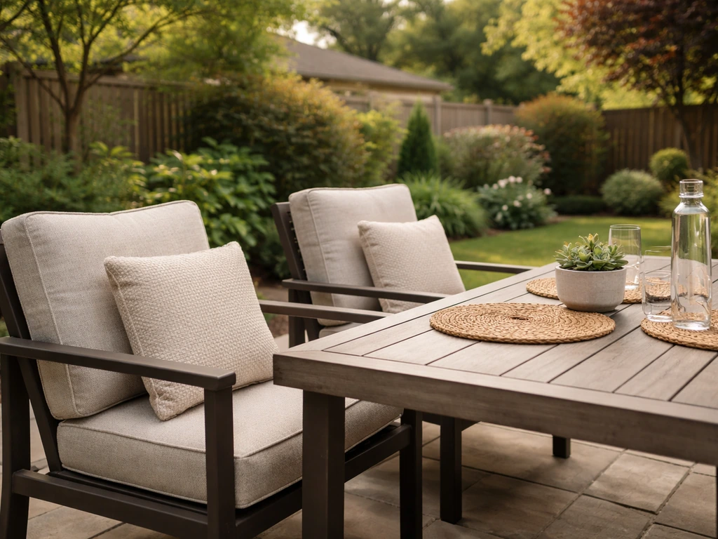 Sturdy outdoor patio chairs and table in a quiet backyard, emphasizing comfortable seating in Markham.