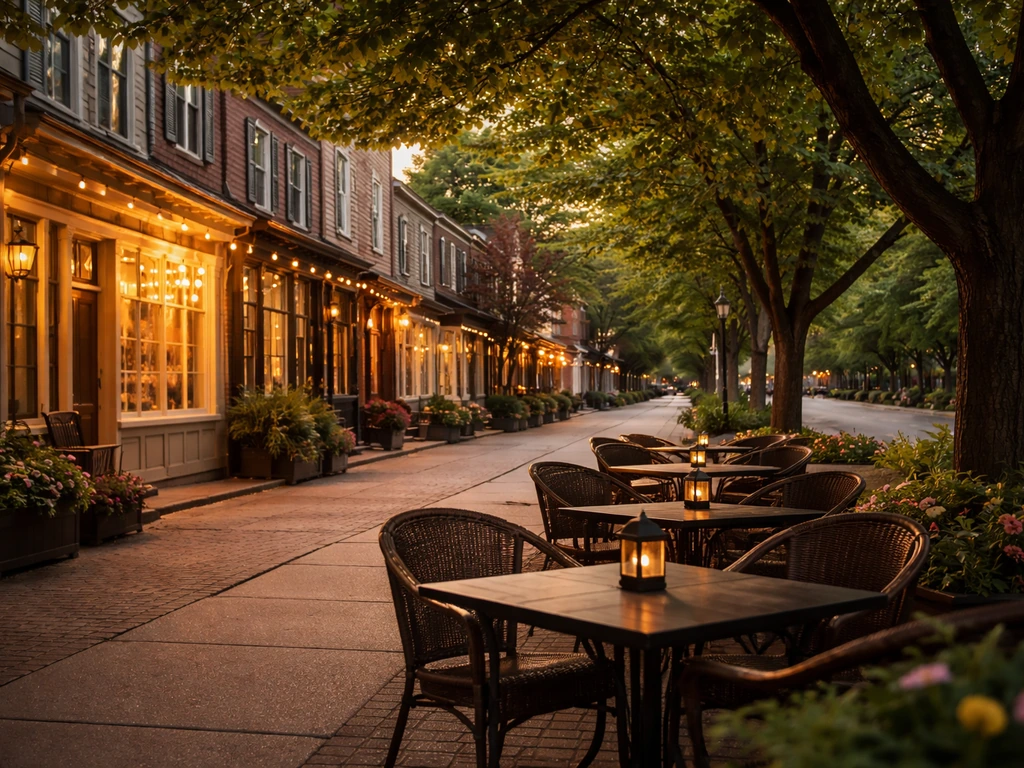 Tree-lined historic Main Street with an outdoor dining patio ambience at golden hour.
