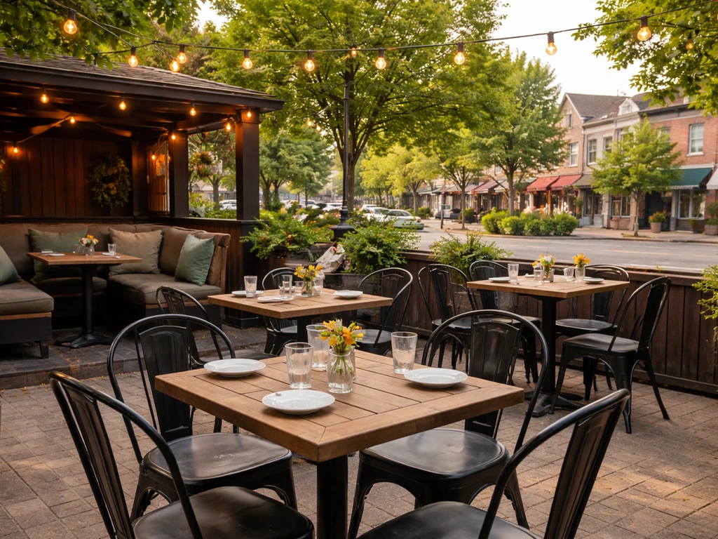 Relaxed outdoor patio in Markham Village with casual pub-style seating and families dining.