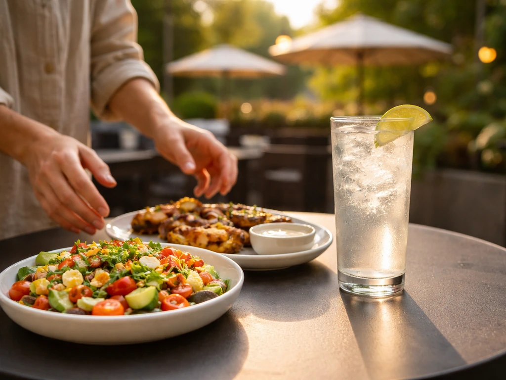 Close-up of open-air patio table with grilled skewers, salad, and a sparkling drink with lime.