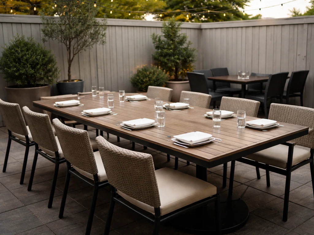Patio with a single large table set up for a group, showing cohesive seating layout.