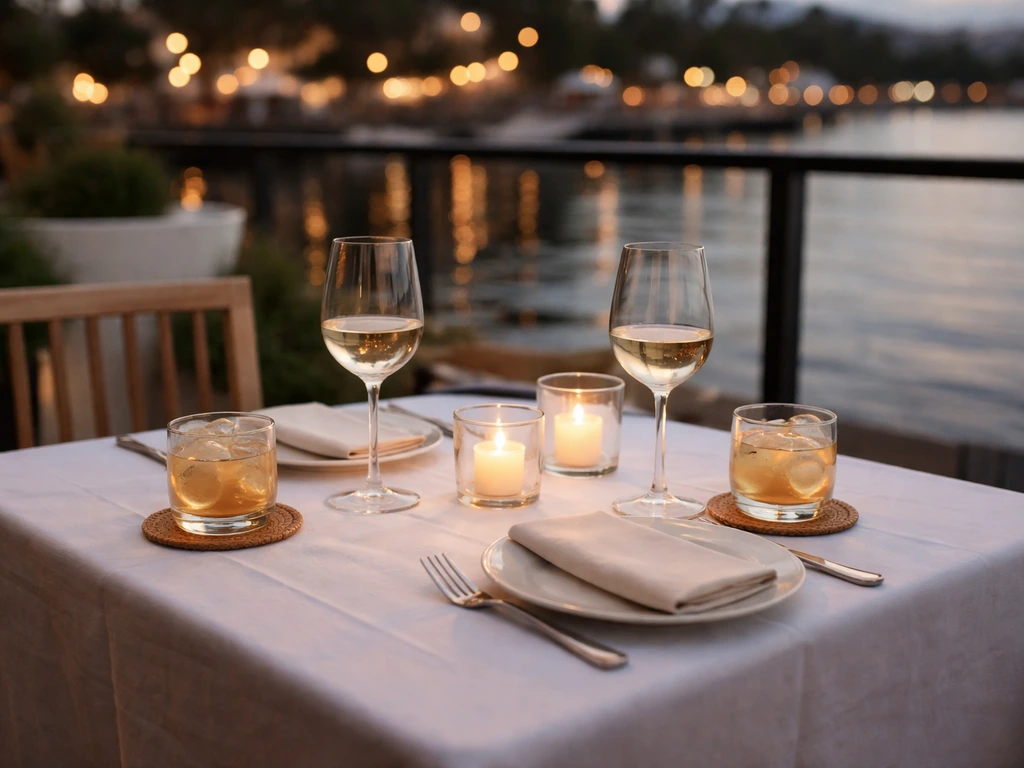 Elegant outdoor patio table with candles and two drinks overlooking a waterfront dining setting.