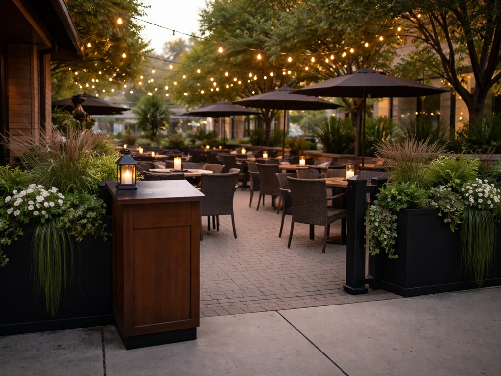 Outdoor restaurant patio entrance and seating area at Square One, set for evening dining.