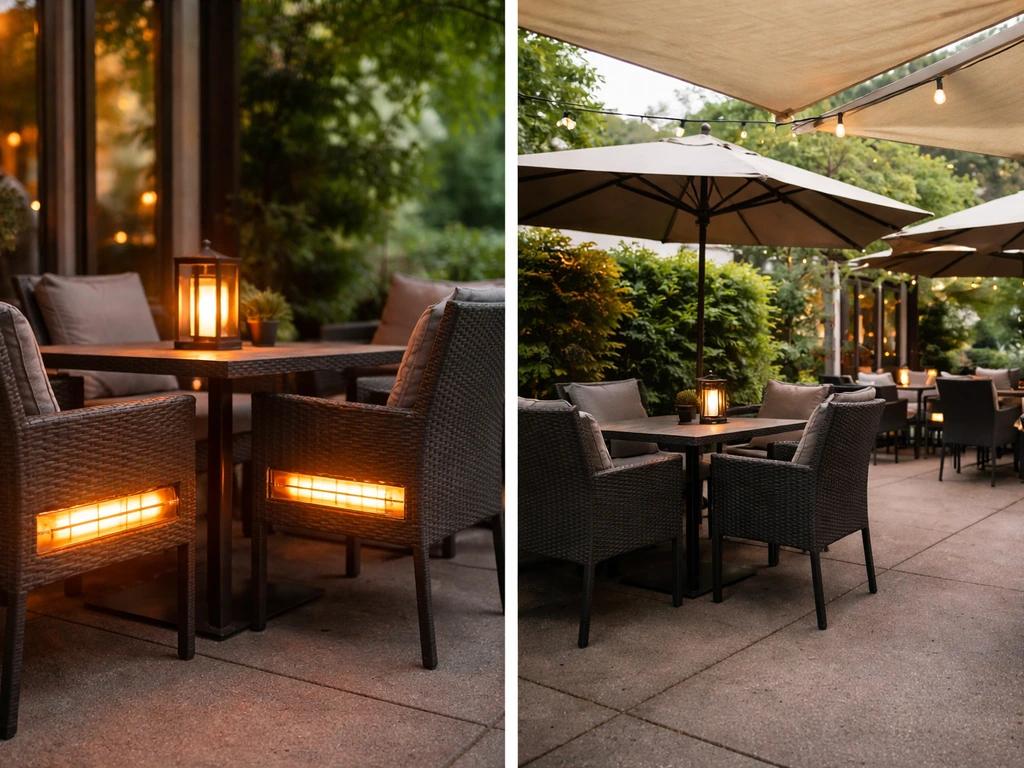 Side-by-side close-up of a heated patio seating element and a covered patio with umbrellas.