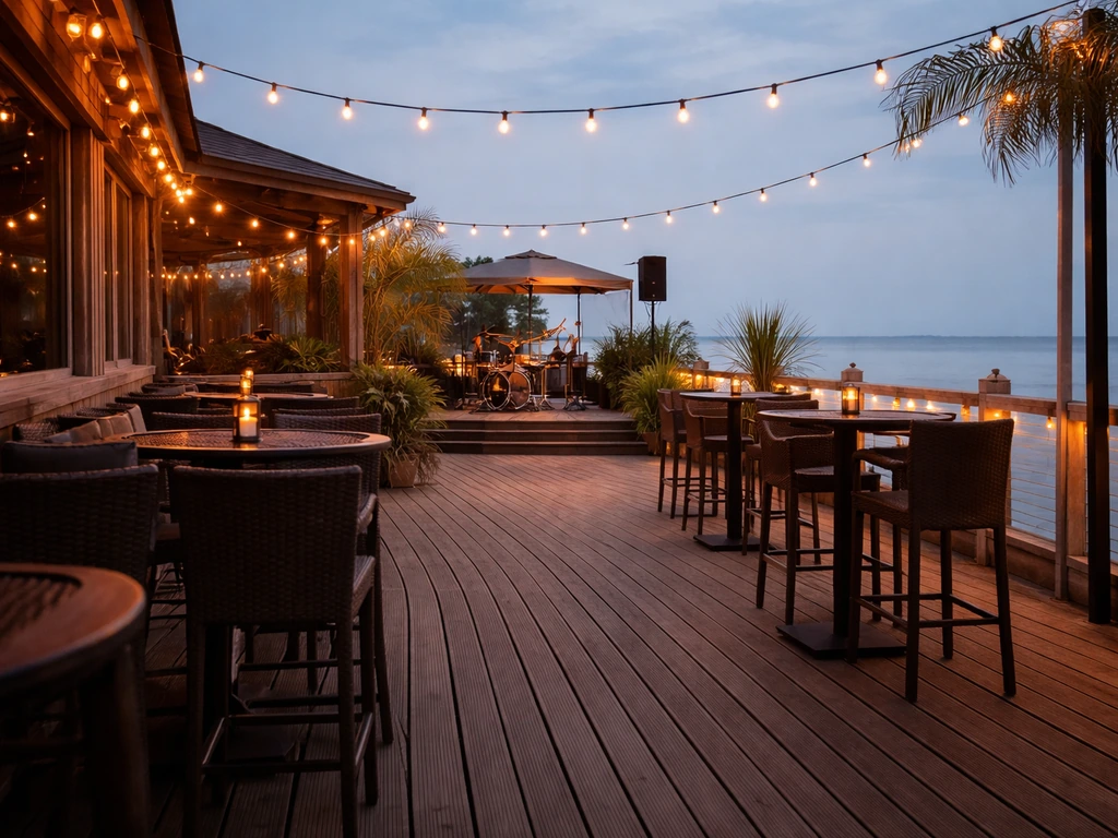 Mississauga boardwalk patio at Shore Grill & Grotto with a small live-music stage in view