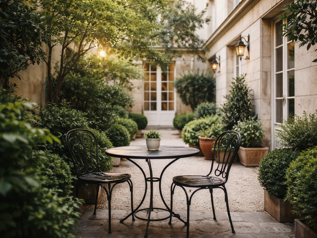 Paris hotel courtyard patio with greenery and outdoor seating in soft natural light.