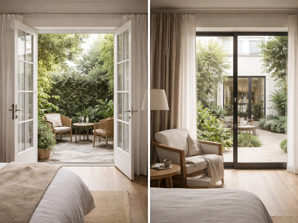 Split view of a patio-connected room door and a courtyard-facing room window with greenery.
