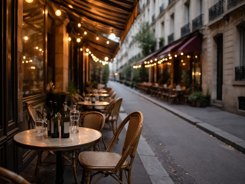 Quiet Paris street near Bastille with simple pavement wine-bar terraces and warm awning lights