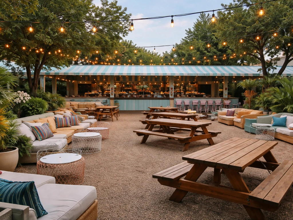 Minimal outdoor patio bar scene with multiple seating zones and warm string lights, no people.