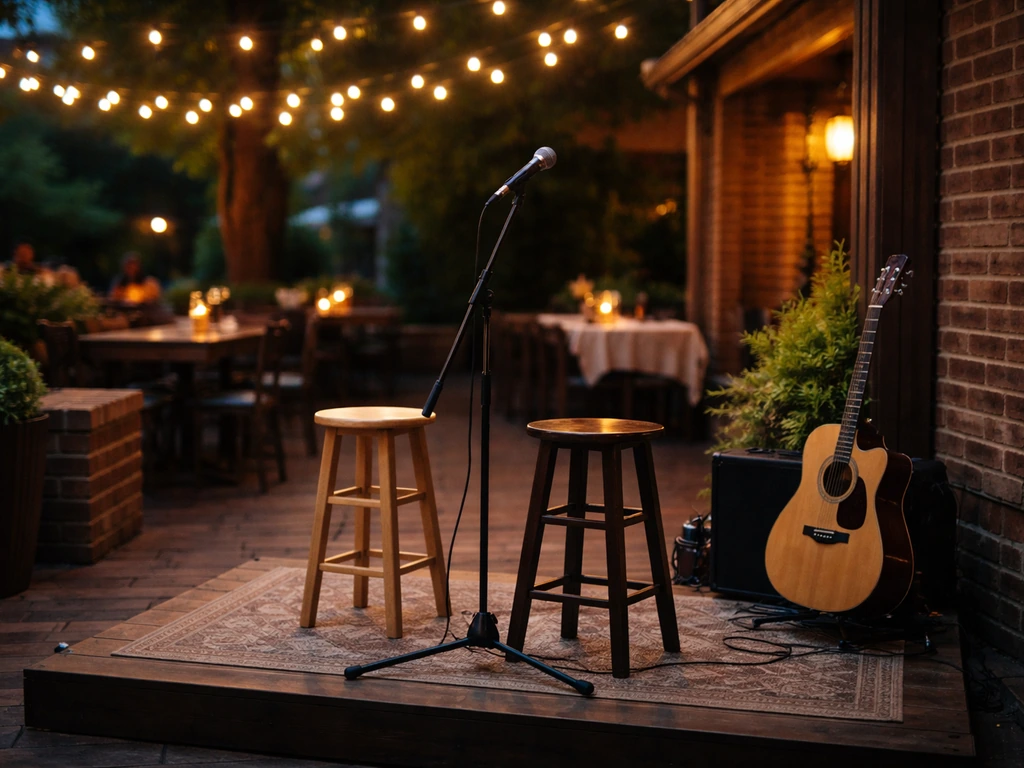 Warm patio bar live-music setup with string lights and softly blurred tables in the background.