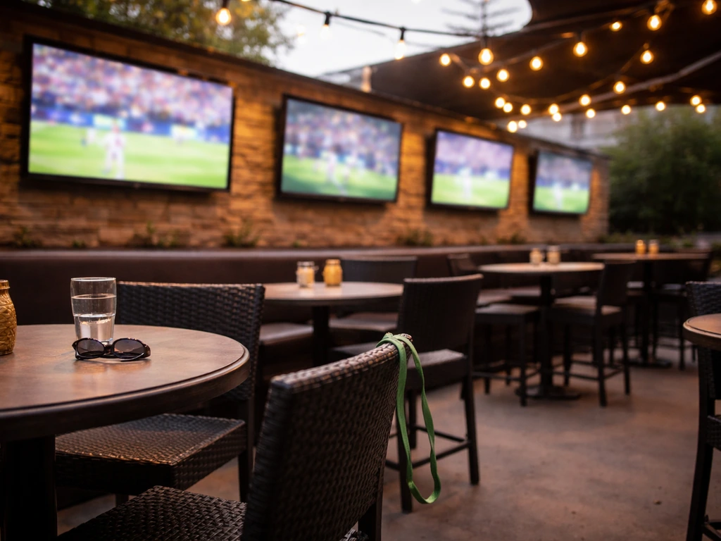 Dog-friendly Fort Worth patio bar scene with sports TVs and casual outdoor seating