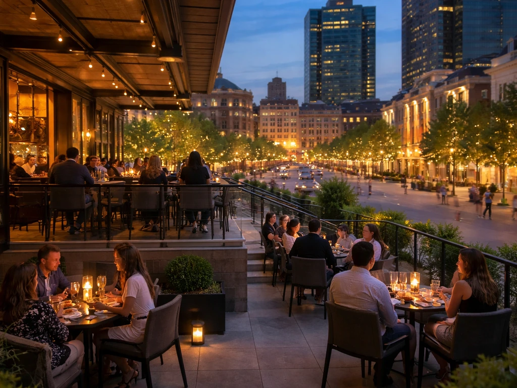 Upscale two-tier patio overlooking Sundance Square at night, diners and bar ambiance