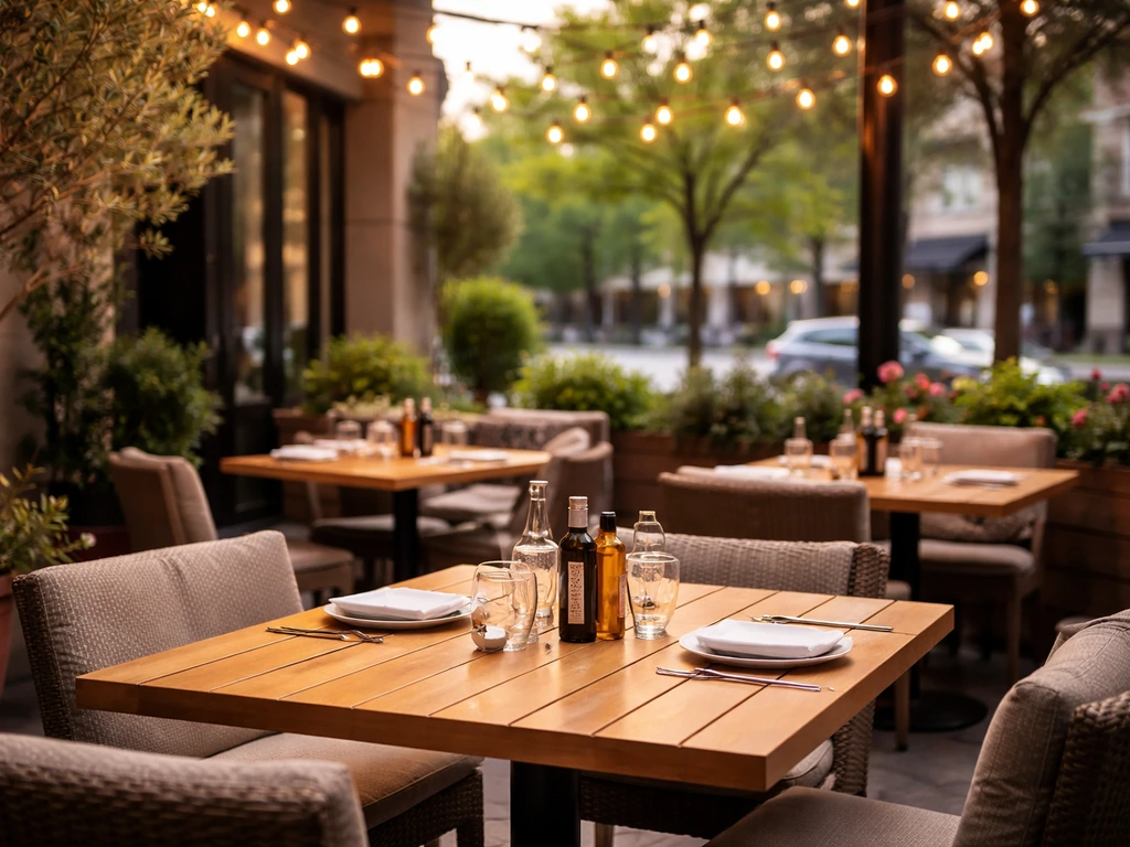 Relaxed Italian restaurant patio with warm lights, potted plants, and neatly set tables in Bayview Village, Toronto.