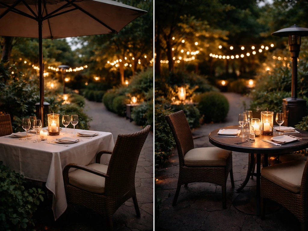 Two intimate outdoor patio setups side-by-side in a romantic garden at dusk with warm candlelight.