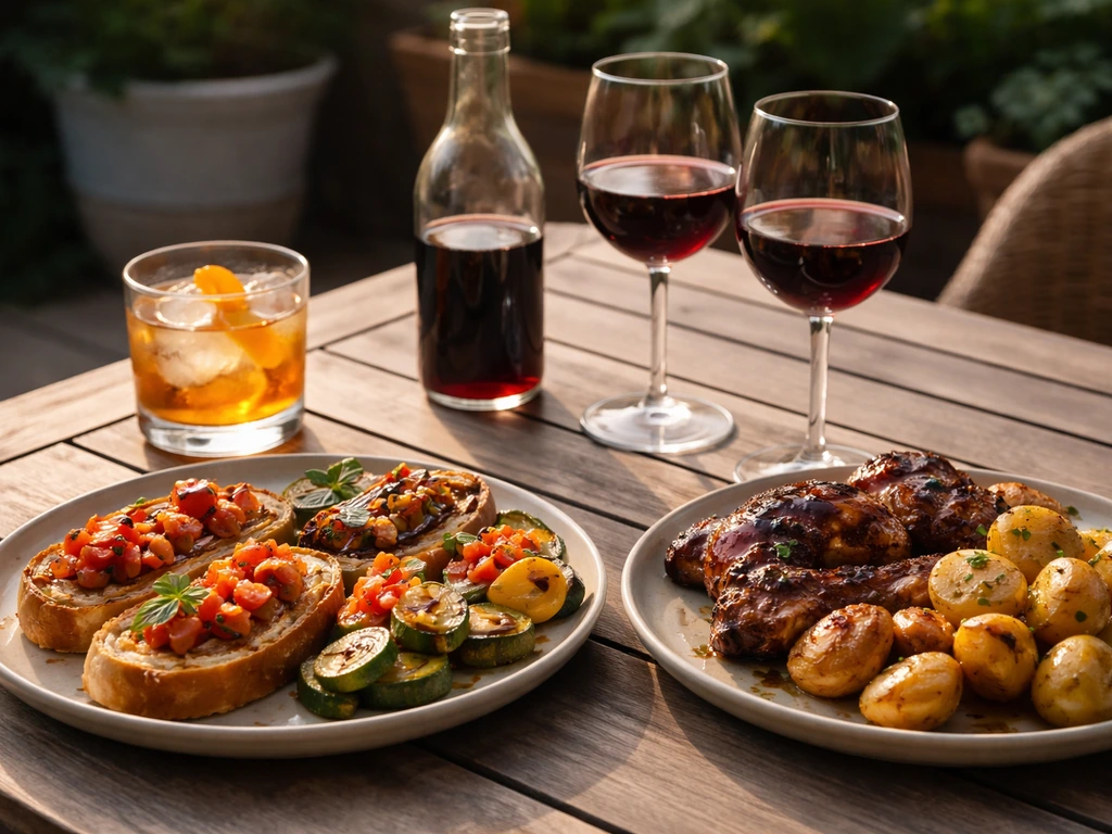 Outdoor patio table with a handcrafted cocktail, red wine, Italian appetizers, and a BBQ-style main plate.