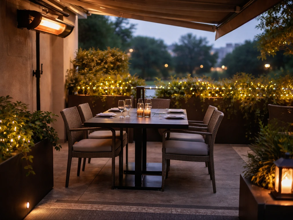 Minimal patio seating scene with a visible heater, accessible path cue, and warm evening ambiance.