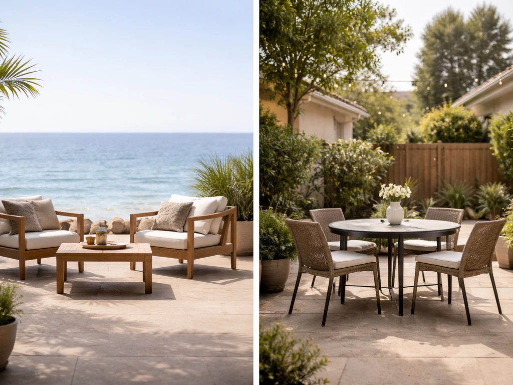 Two minimal outdoor patio setups—waterfront lounge and a quiet courtyard dining area—under bright natural light.