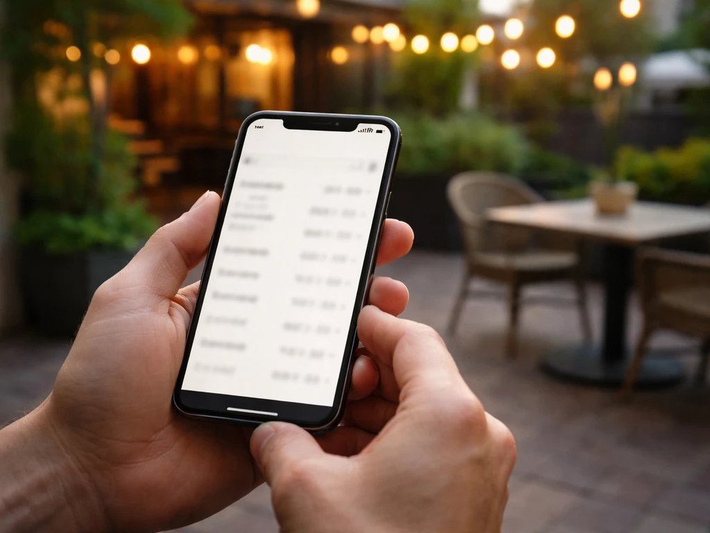 Person holding phone over a restaurant patio, checking hours to avoid a wasted trip.