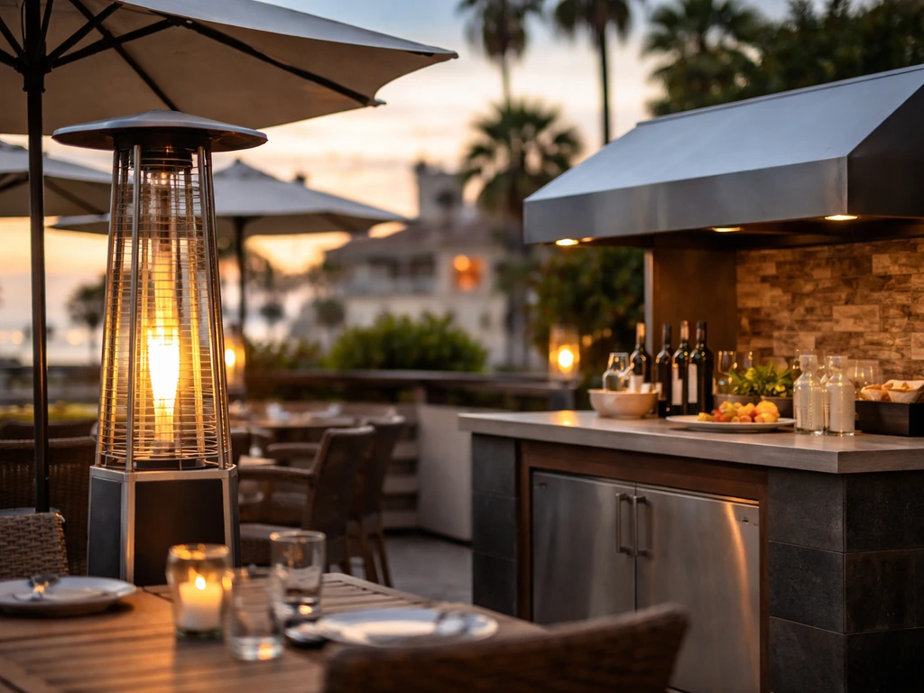 Close-up of a patio with a lit heater, shaded umbrellas, and a covered outdoor serving station.