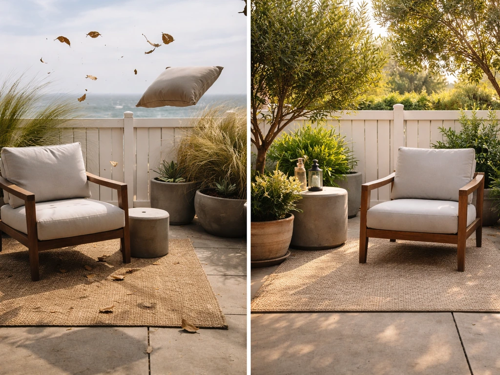 Split-view photo of an exposed windy coastal patio versus a calmer sheltered patio with still cushions.