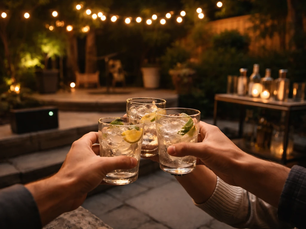 Warm string-lit patio at night with a bar cart and friends’ hands clinking glasses near a speaker.