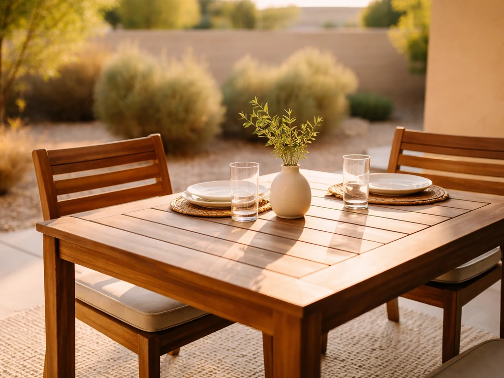 Sunlit patio dining set in Gilbert, Arizona with warm desert tones and cozy outdoor ambiance.