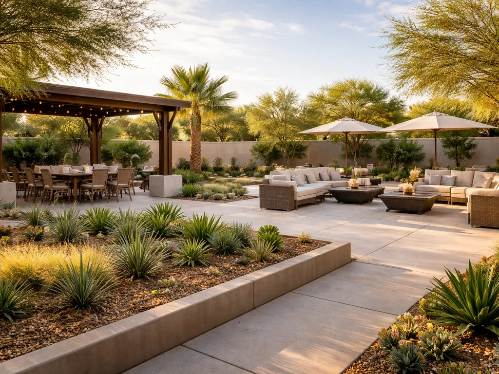 Minimal Gilbert-style patio courtyard showing two separate dining areas in one view.
