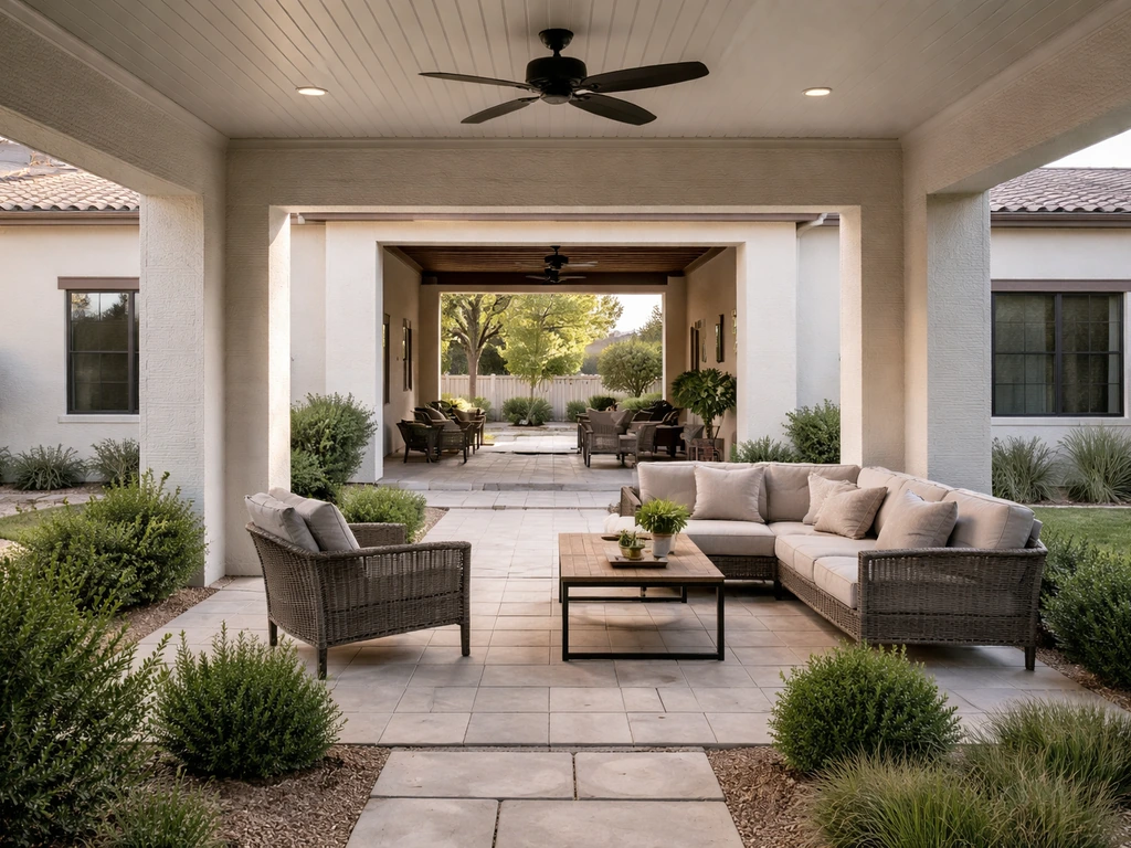 Minimal photo of a backyard patio with half-indoor breezeway seating and warm evening light