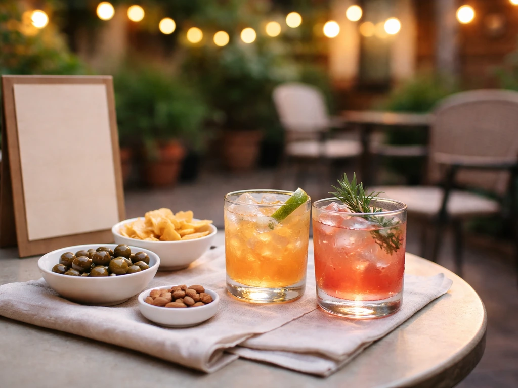 Patio happy hour setup with two cocktails on ice and small appetizers served on a simple table