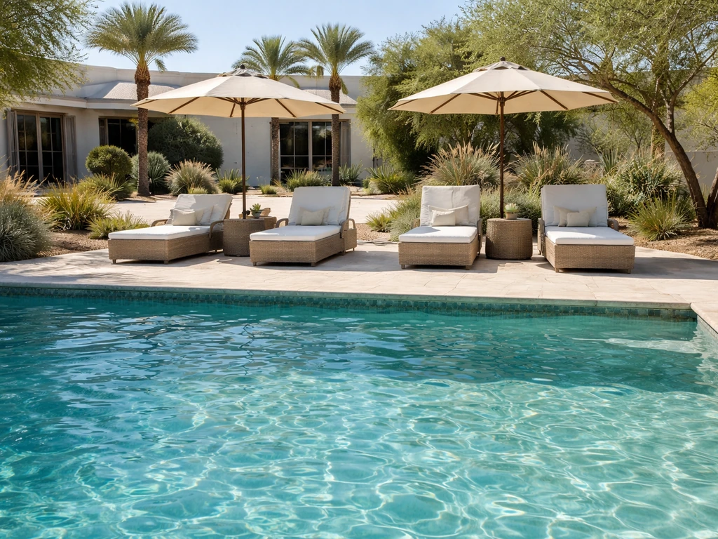 Sunlit resort-style pool and patio with umbrellas and stylish outdoor furniture in Scottsdale