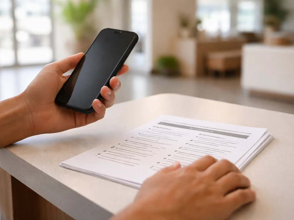 Person holding a smartphone while a printed checklist with visit hours and policies rests on a table.