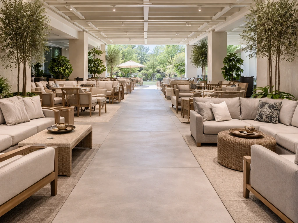 Wide-angle view down a Scottsdale outdoor showroom aisle with patio sets and relaxed seating displays
