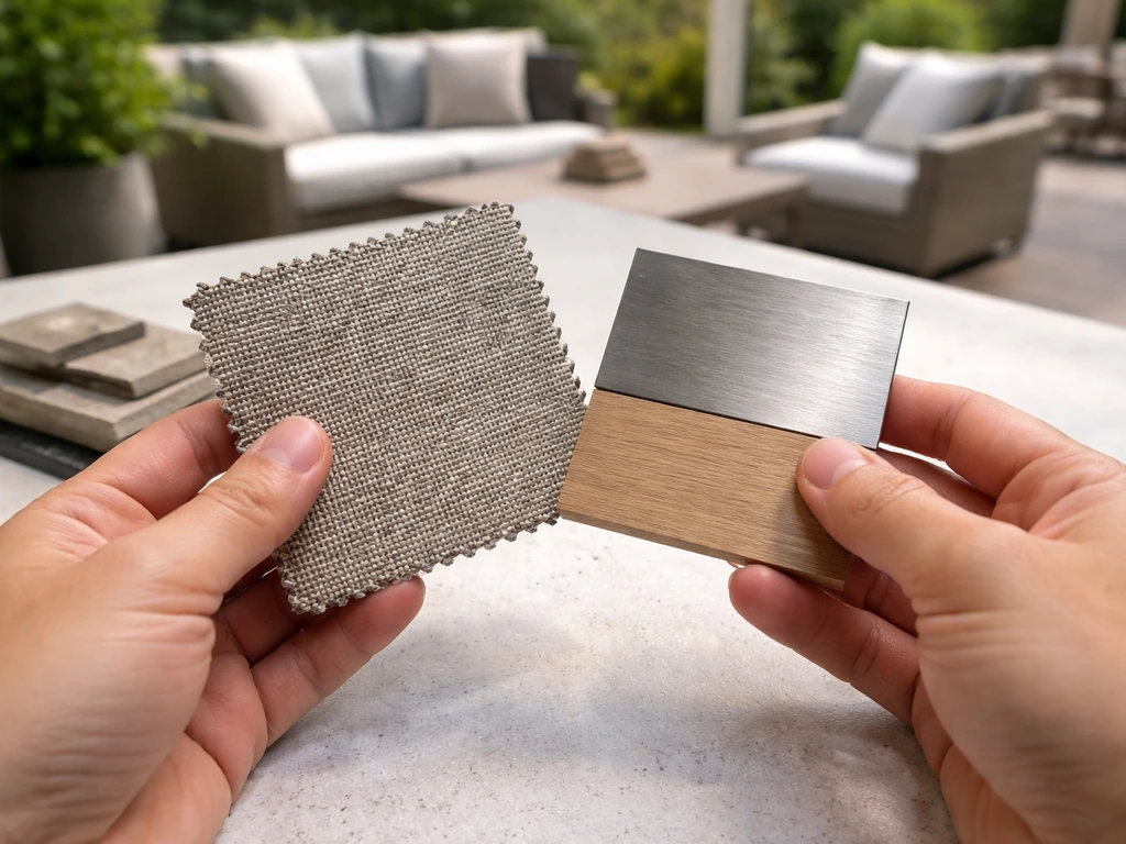 Hands comparing outdoor-furniture fabric and finish swatches at a design counter outdoors.