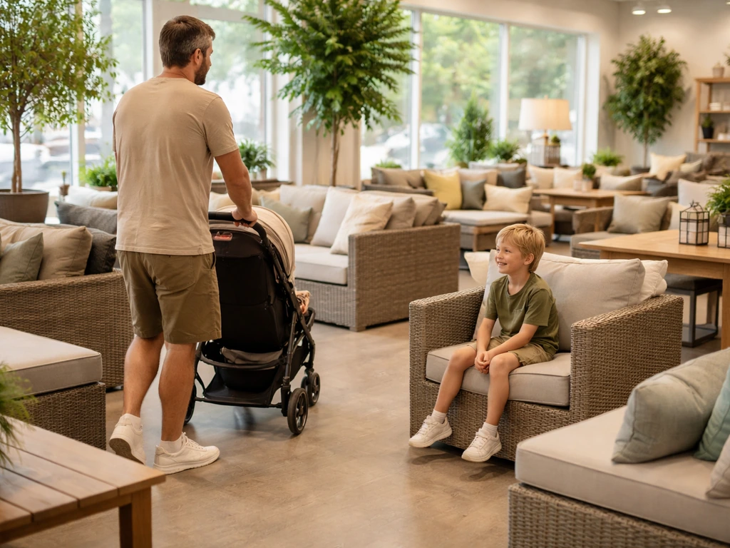 Family browsing an outdoor furniture showroom with kids comfortably seated among display patio furniture.