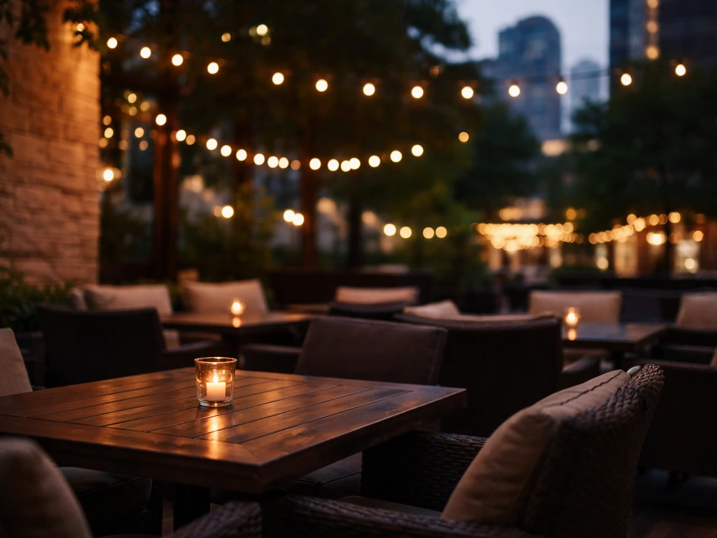 Warmly lit patio seating at Waters in Sundance Square, Fort Worth at dusk