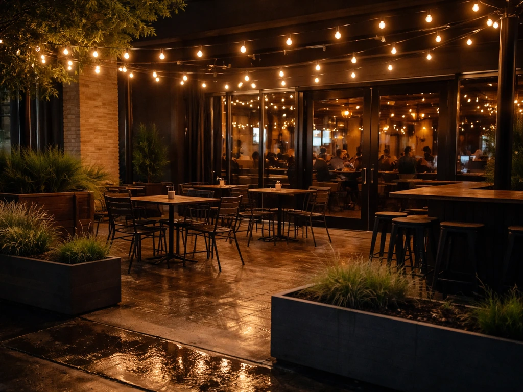 Warmly lit West 7th bar patio at night with string lights, seating, and reflections on wet pavement.