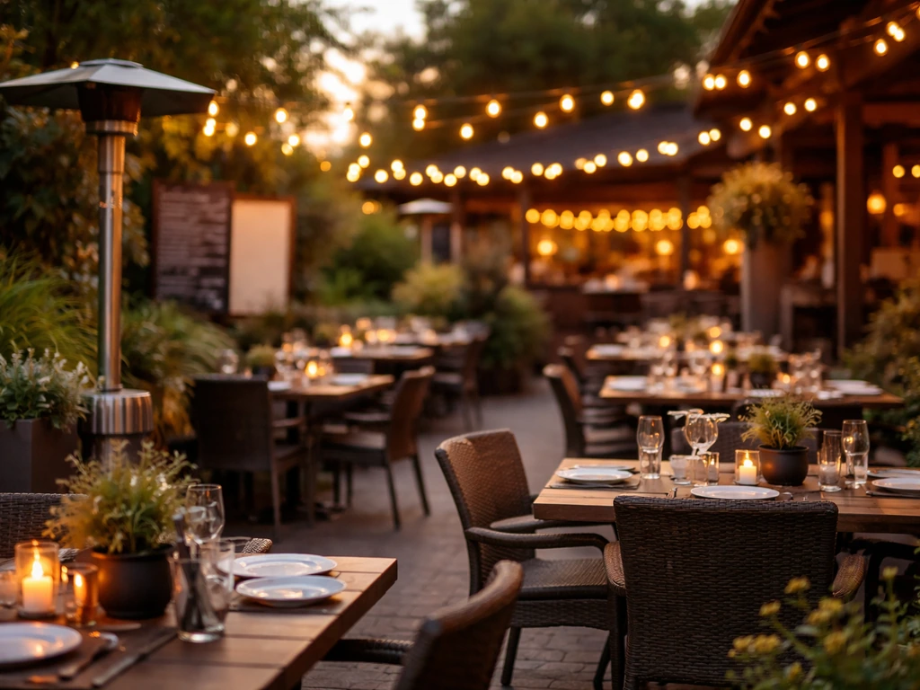 Wide York Region patio with warm string lights, tables, and heaters in a relaxed outdoor dining setting.