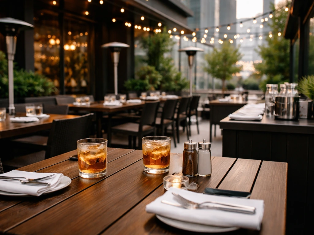 Outdoor patio dining at a modern Canadian restaurant with tables, drinks, and warm evening lighting.