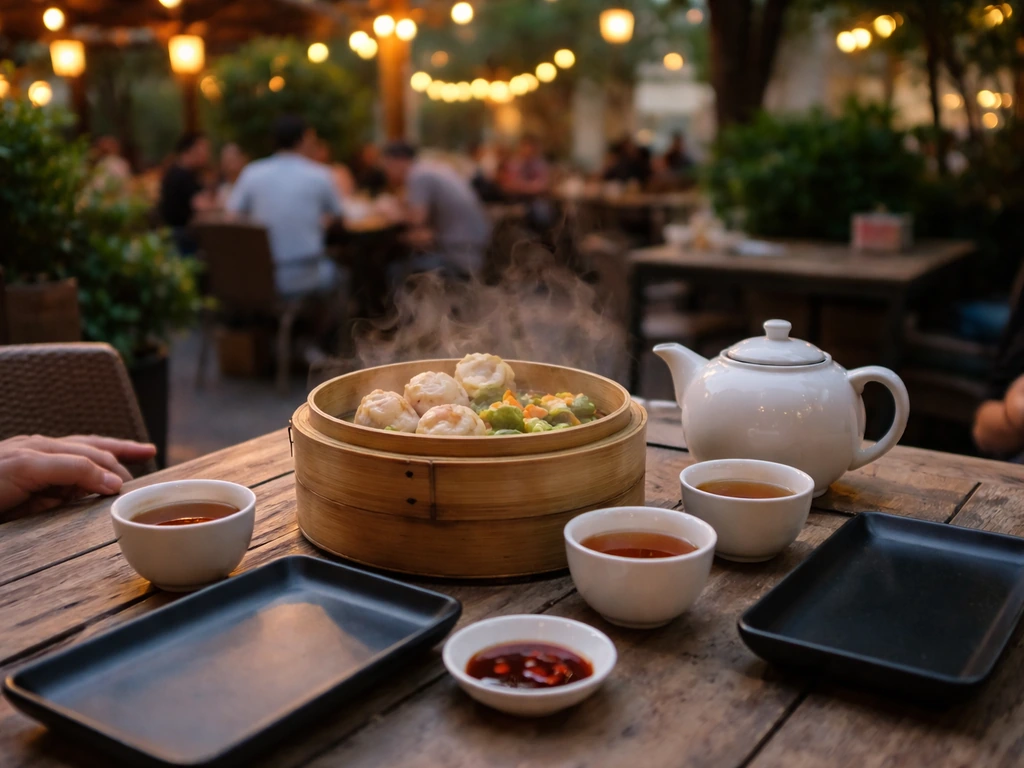 Outdoor patio table with bamboo steamer dim sum and tea cups, warm evening ambience, no text.
