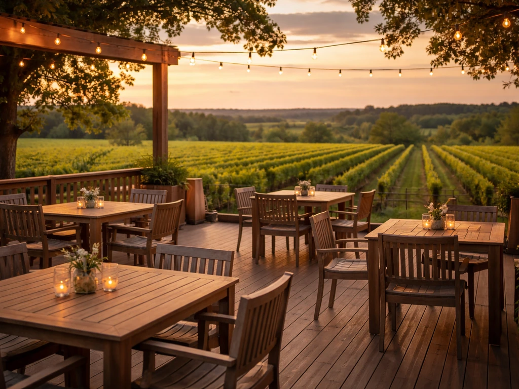 Outdoor patio at a winery clubhouse with string lights, vineyard rows, and marsh-country landscape.