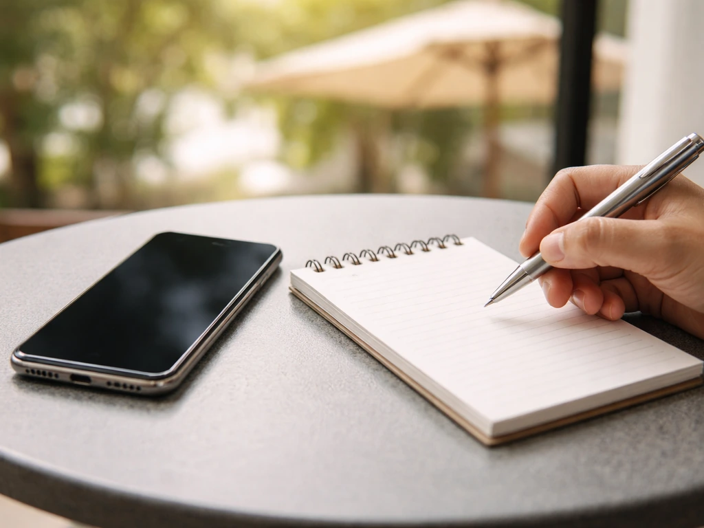 Close-up of a phone and blank notepad with a pen on a patio table, suggesting pre-venue planning.