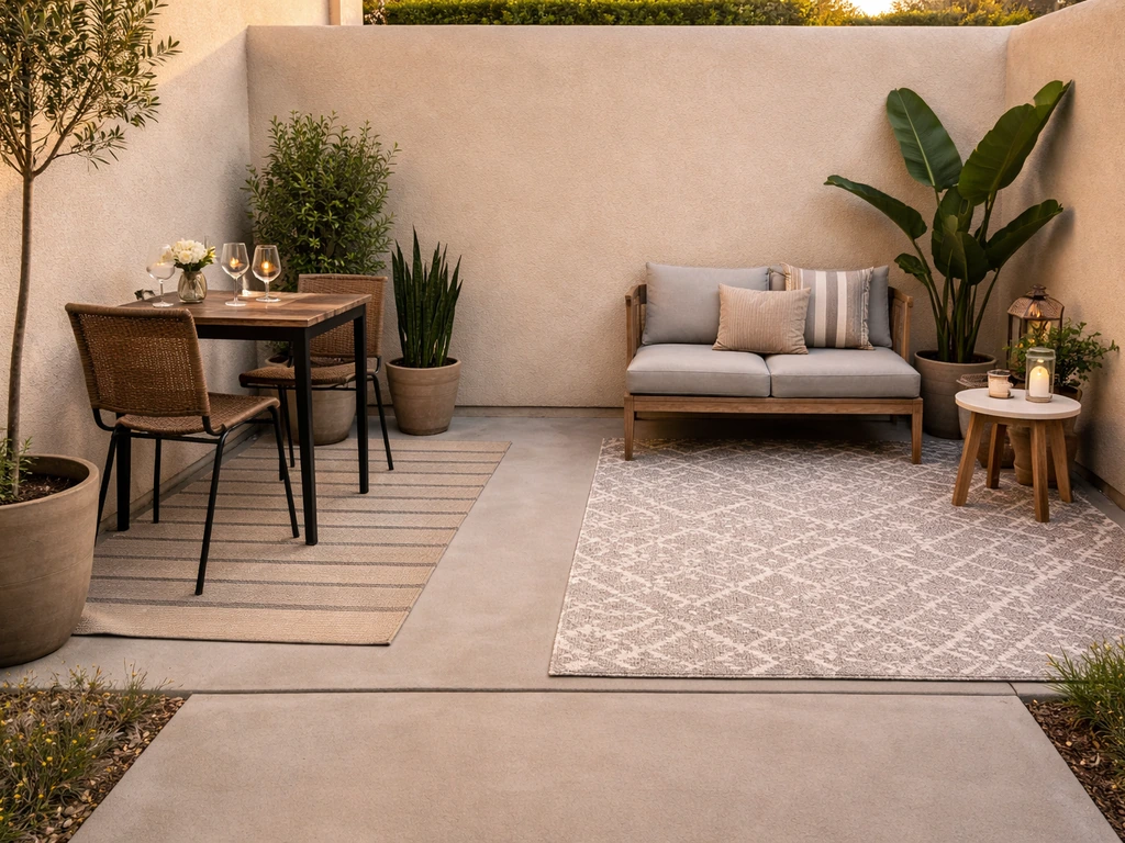 Small patio with separate dining and lounge zones using outdoor rugs and spaced furniture