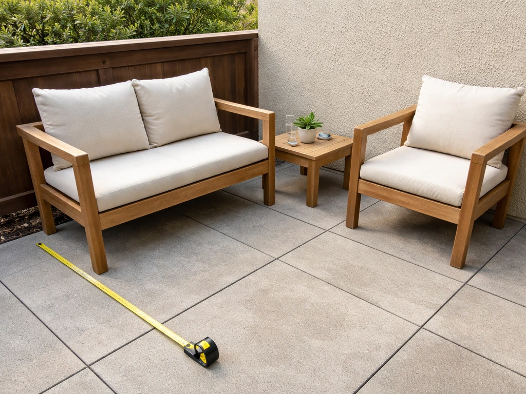 Compact teak loveseat and chair on a small patio with a measuring tape showing clearance for spacing.