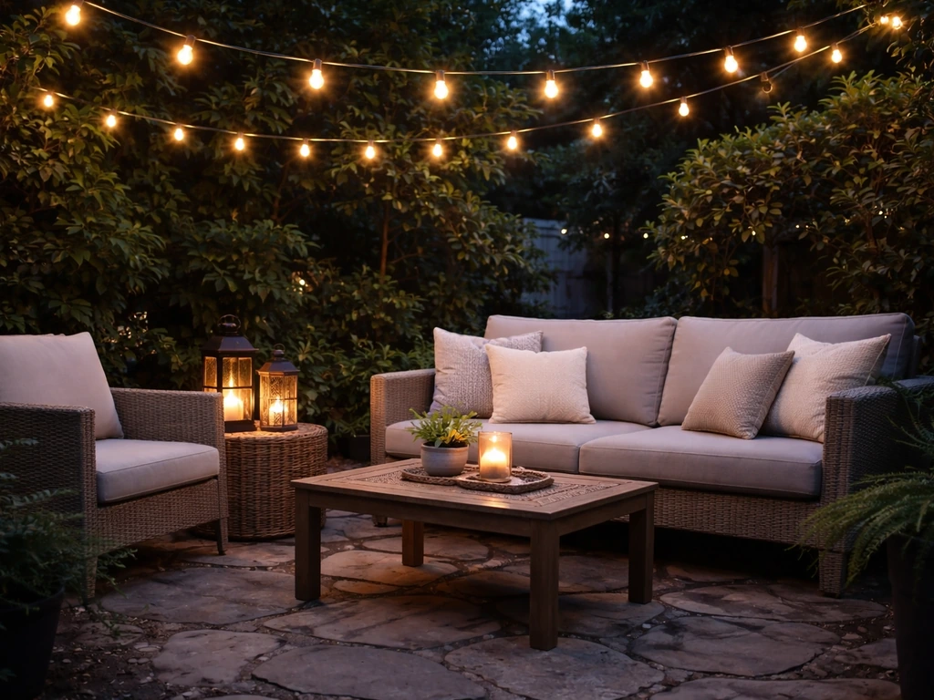 Cozy patio at dusk with warm string lights and a few lanterns glowing softly