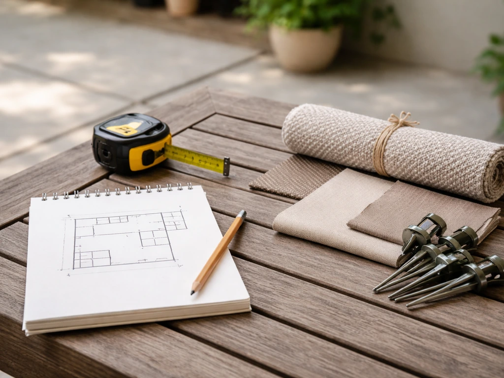 Outdoor patio checklist setup with notepad sketch, tape measure, and neutral fabric samples on a table